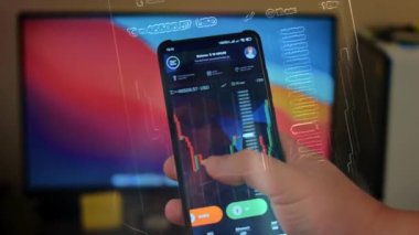 Caucasian male making a payment with bitcoins cryptocurrency using his smartphone. Custom application interface design. 4K UHD RAW edited footage