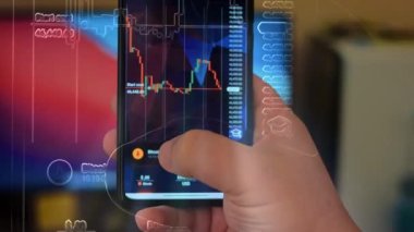 Caucasian male making a payment with bitcoins cryptocurrency using his smartphone. Custom application interface design. 4K UHD RAW edited footage