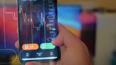 Caucasian male making a payment with bitcoins cryptocurrency using his smartphone. Custom application interface design. 4K UHD RAW edited footage