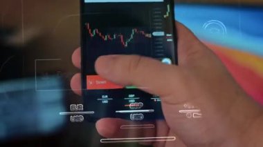 Caucasian male making a payment with bitcoins cryptocurrency using his smartphone. Custom application interface design. 4K UHD RAW edited footage