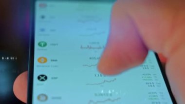 Caucasian male making a payment with bitcoins cryptocurrency using his smartphone. Custom application interface design. 4K UHD RAW edited footage