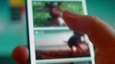 Smartphone in hand, looking for information about funny videos.