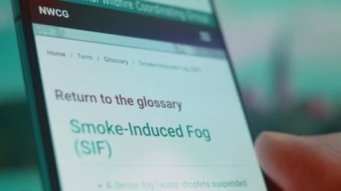 Smartphone in hand, looking for information about smoke fog.