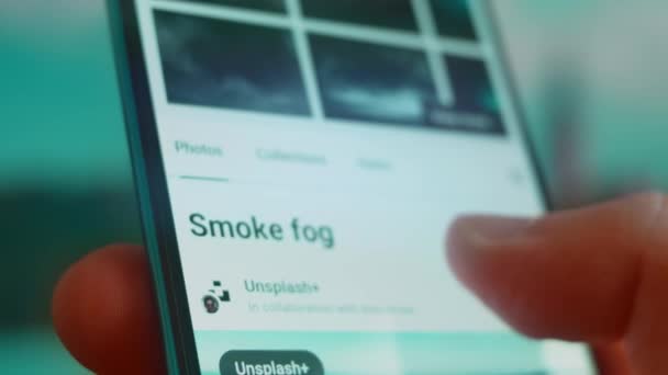 Smartphone Hand Looking Information Smoke Fog — Vídeos de Stock