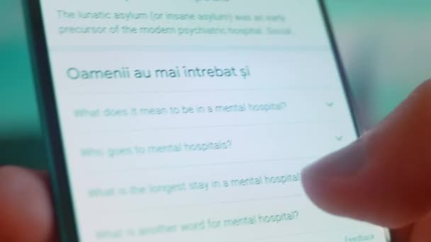 Smartphone Hand Looking Information Mental Hospital — Stock video