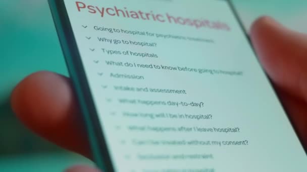 Smartphone Hand Looking Information Mental Hospital — Vídeos de Stock