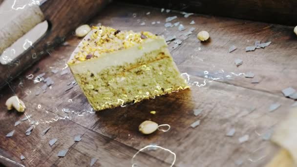 Pistachio Cake Wooden Tray Decorations — Stock Video