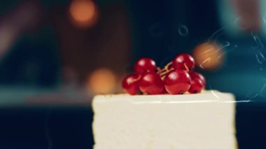 Frenk üzümlü bir dilim peynirli kek. Makro ve kaydırma atışı. Arka planda bir retro atmosfer var..