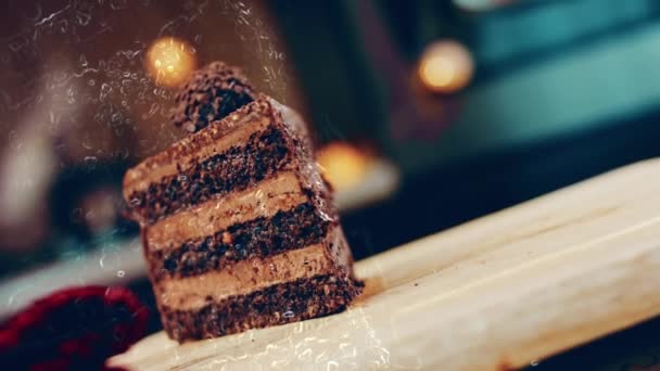 Slice Ferrero Rocher Cake Chocolate Macro Slider Shooting Background Retro — Stock Video