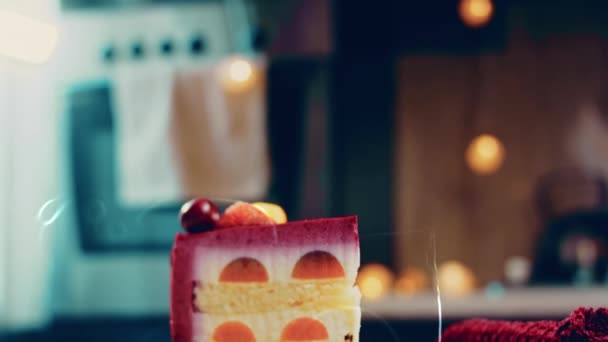 Slice Cake Strawberries White Red Cherries Cake Has Special Dome — Vídeos de Stock