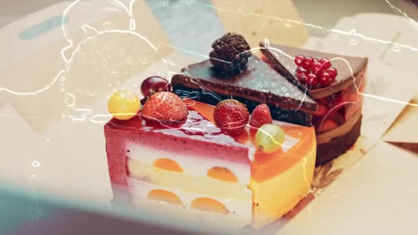 Few Slices White Red Strawberry Cherry Cake Chocolate Open Box — Video Stock