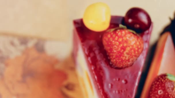 Few Slices White Red Strawberry Cherry Cake Chocolate Open Box — Video