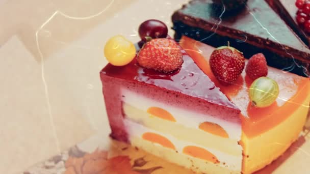 Few Slices White Red Strawberry Cherry Cake Chocolate Open Box — Vídeo de stock