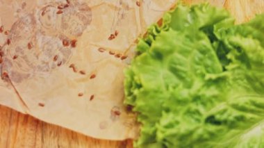 Fransız ekmeğiyle dilimlenmiş domuz filetosu. Sosis retro-stil yemek tepsisinde ve yemek kağıdında. Yavaş çekim kaydırağın üzerinde. Taze marul yaprakları da kullanıyoruz..