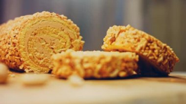 Fıstıklı kek. Arka planda retro-stil bir yemek tepsisinin üzerinde birkaç parça kek ve fıstık var. Makro ve sürgülü atış.