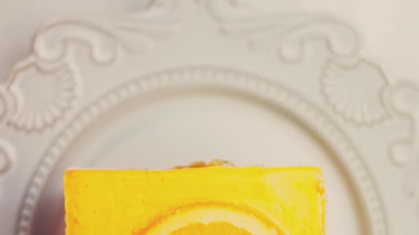 Шматочок Мандаринового Пирога Желе Торт Ретро Стилі Макро Повзунок Зйомки — стокове відео