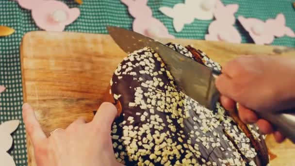Femme Coupe Gâteau Chocolat Avec Couteau Sur Fond Trouvent Des — Video