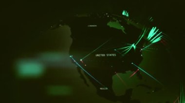 Siber saldırı için farklı hedefleri olan bir dünya haritası. Hackleme ve teknoloji konsepti. Makro monitör piksellerine ateş ediyor. Panik etkisi