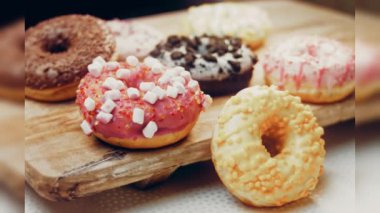 Çikolata, marşmelov ve retro pişirme tepsisindeki şekerli çörekler. Donutlar doğal çikolatayla süslenmiş bir kağıdın üzerinde. Makro ve kaydırma atışı. Çeşitli renkli çörekler. Çikolata, pembe, mavi çörekler