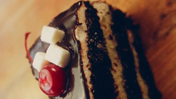 Vegan Coconut Cream Cake Chocolate Cake Has Cherry Jelly Macro — Stock Video