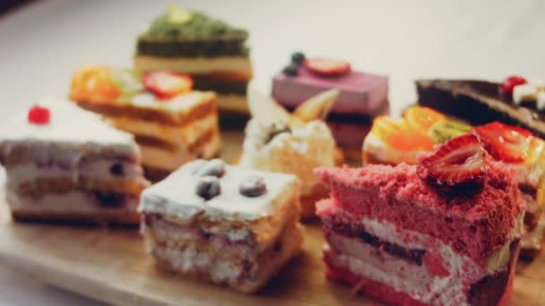 Pieces Different Cakes Retro Style Baking Tray Slider Macro Shooting — Stock Video