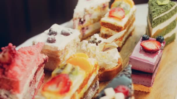 Stücke Von Verschiedenen Kuchen Auf Einem Backblech Retro Stil Schieberegler — Stockvideo