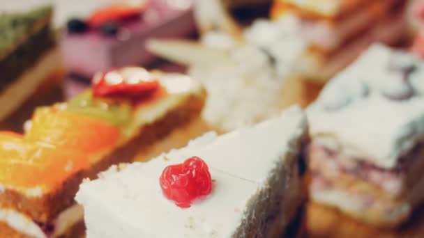 Шматочки Різних Тортів Ретро Стилі Випічки Повзунок Макрозйомка — стокове відео