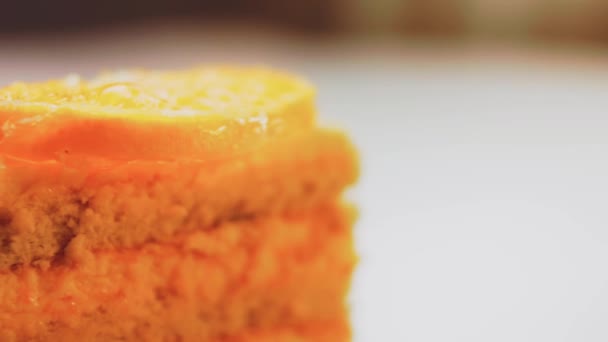 Tangerine Strawberry Cake Retro Baking Sheet Macro Shooting Slider Slice — Stock Video