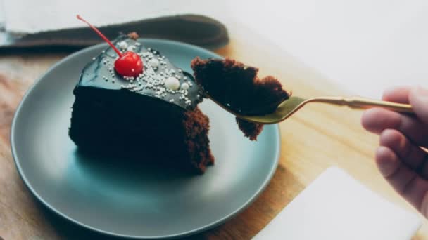 체리와 초콜릿 케이크를 트레이 케이크는우아 스타일의 로장식되어 있습니다 매크로와 슬라이더 — 비디오