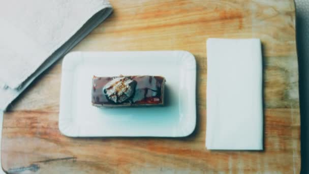 Chocolate Cake Koldun Chef Breaks Piece Cake Gold Fork Takes — Stock Video