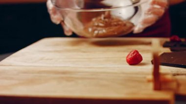 hallucination effect of Favorite chocolate Cake with Nutella Buttercream and Strawberries. Taste USA cuisine.
