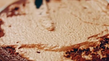 hallucination effect of Favorite chocolate Cake with Nutella Buttercream and Strawberries. Taste USA cuisine.