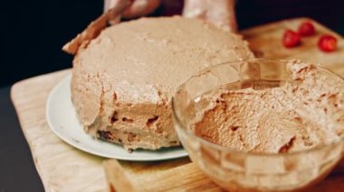 hallucination effect of Favorite chocolate Cake with Nutella Buttercream and Strawberries. Taste USA cuisine.