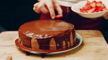 hallucination effect of Favorite chocolate Cake with Nutella Buttercream and Strawberries. Taste USA cuisine.