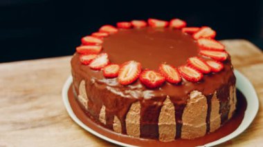hallucination effect of Favorite chocolate Cake with Nutella Buttercream and Strawberries. Taste USA cuisine.