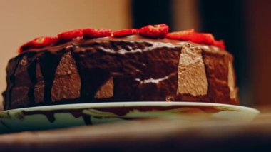 hallucination effect of Favorite chocolate Cake with Nutella Buttercream and Strawberries. Taste USA cuisine.