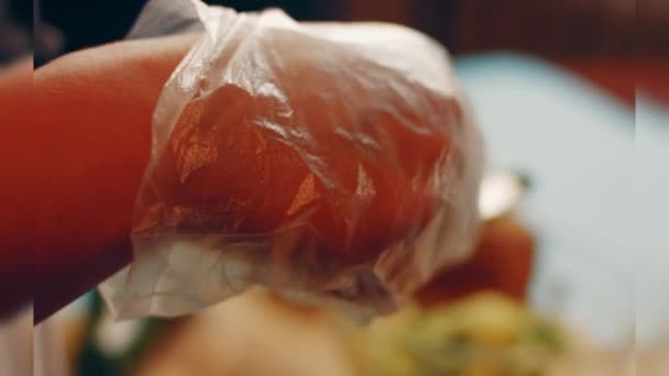 Preparing Process Cinematographic Smoked Salmon Bagels Usa Cusine — Video Stock