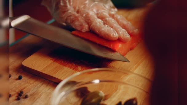 Preparing Process Cinematographic Smoked Salmon Bagels Usa Cusine — Stok video