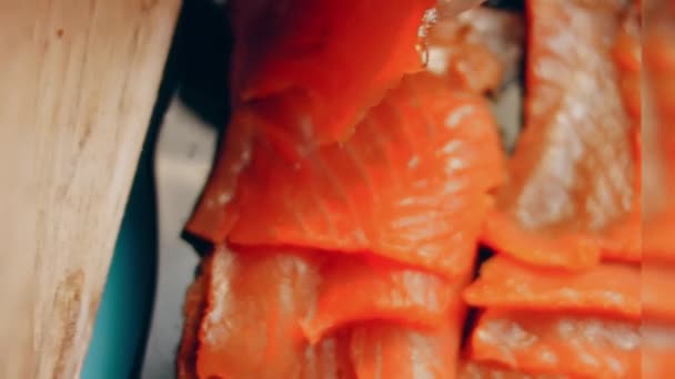 Preparing Process Cinematographic Smoked Salmon Bagels Usa Cusine — Stok Video