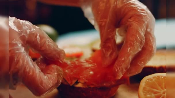 Preparing Process Cinematographic Smoked Salmon Bagels Usa Cusine — Video Stock