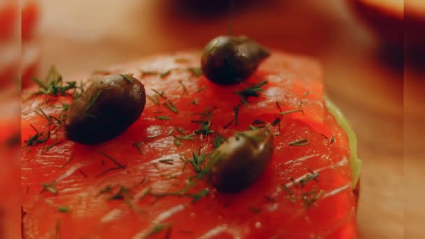 Preparing Process Cinematographic Smoked Salmon Bagels Usa Cusine — 비디오