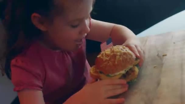 Portrait American Girl Appetite Biting Hamburger Young Mixed Race Female — Stock video