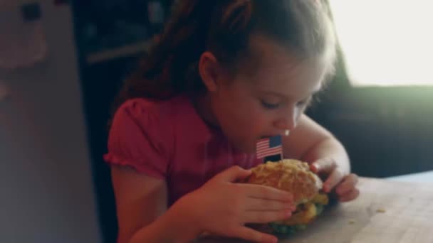 Portrait American Girl Appetite Biting Hamburger Young Mixed Race Female — Wideo stockowe