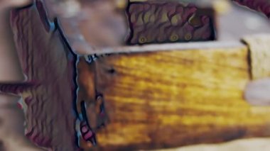 Tahta tepside altın tozuyla süslenmiş muzlu çikolatalı pasta..