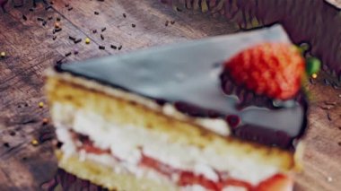 Tahta tepside süslenmiş lezzetli çilekli pasta..