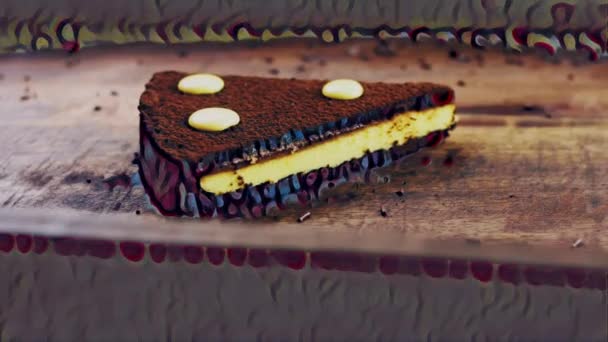 巧克力馅饼 带有激情水果和装饰的木制盘子 — 图库视频影像