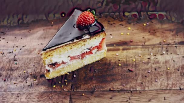 Tort Delicios Căpșuni Tavă Lemn Decorațiuni — Videoclip de stoc