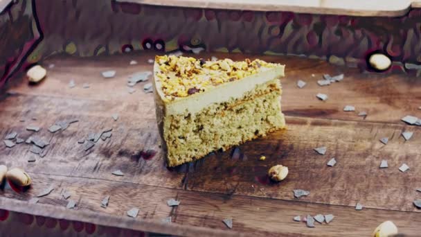 Pistache Cake Een Houten Dienblad Met Decoraties — Stockvideo