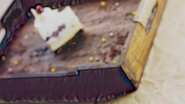 Tahta tepside süslemeli kirazlı kek..