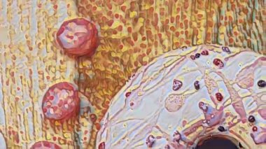 Tatlılarla süslenmiş pembe çörekler. Makro ve kaydırma atışı. Tatlı, jöleli tatlılar. Fırın ve yemek konsepti. Çeşitli renkli çörekler. Çikolata, pembe, mavi çörekler 4K, UHD.